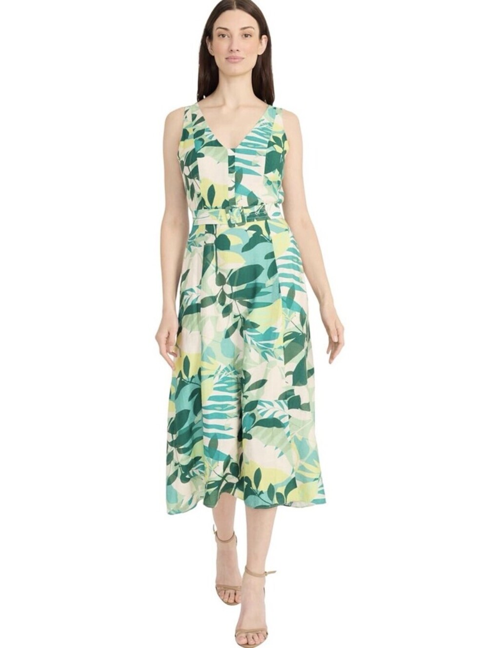 Maggy London Sleeveless V-Neck Belted Midi Dress Size 4 Garden Green NWT $158